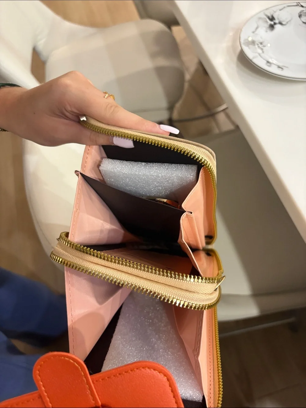Beige Crossbody Phone Bag with Orange Flap and Butterfly Floral Print